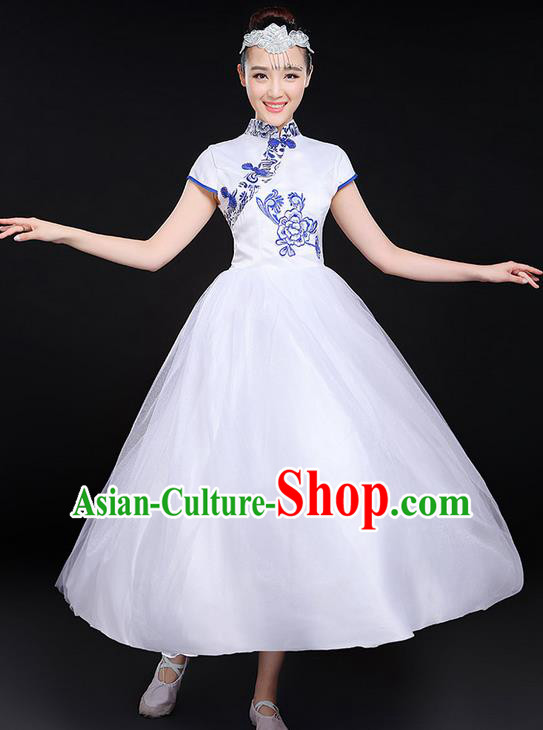 Traditional Chinese Modern Dancing Compere Costume, Women Opening Classic Chorus Singing Group Dance Uniforms, Modern Dance Classic Dance Cheongsam Bubble Dress for Women