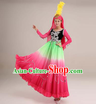 Traditional Chinese Uyghur nationality Dancing Costume, Folk Dance Ethnic Costume, Chinese Minority Nationality Uigurian Dance Big Swing Pink Dress for Women