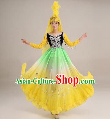 Traditional Chinese Uyghur nationality Dancing Costume, Folk Dance Ethnic Costume, Chinese Minority Nationality Uigurian Dance Big Swing Yellow Dress for Women