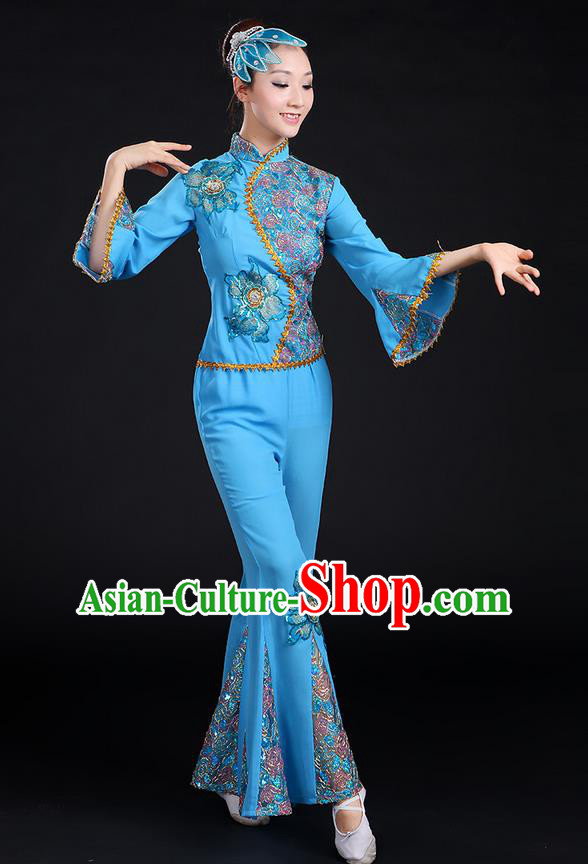 Traditional Chinese Yangge Fan Dancing Costume, Folk Dance Yangko Mandarin Sleeve Paillette Uniforms, Classic Dance Elegant Dress Drum Dance Paillette Blue Clothing for Women