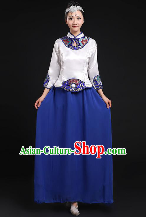 Traditional Chinese Modern Dancing Compere Costume, Women Opening Classic Chorus Singing Group Dance Uniforms, Modern Dance Classic Dance Cheongsam Blue Dress for Women