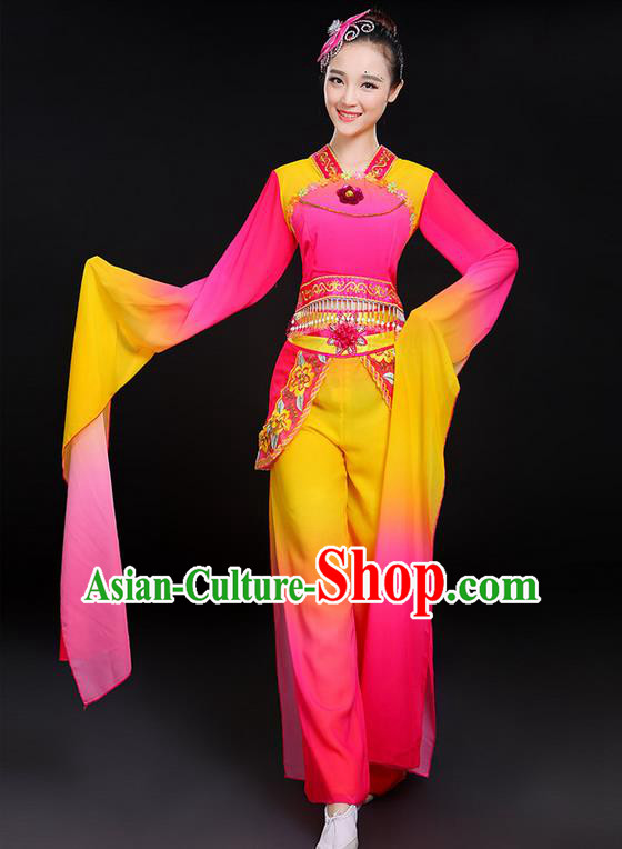 Traditional Chinese Yangge Fan Dancing Costume, Folk Dance Yangko Water Sleeve Uniforms, Classic Umbrella Dance Elegant Dress Drum Dance Pink Clothing for Women