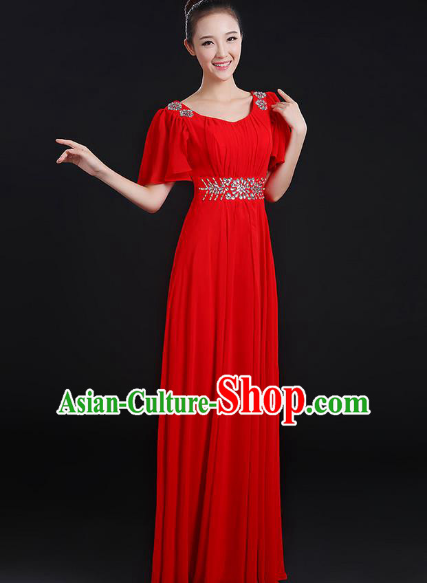 Traditional Chinese Modern Dancing Compere Costume, Women Opening Classic Chorus Singing Group Dance Uniforms, Modern Dance Classic Dance Big Swing Crystal Red Dress for Women