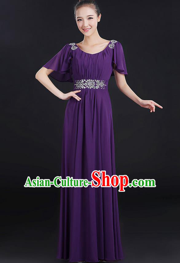 Traditional Chinese Modern Dancing Compere Costume, Women Opening Classic Chorus Singing Group Dance Uniforms, Modern Dance Classic Dance Big Swing Crystal Purple Dress for Women