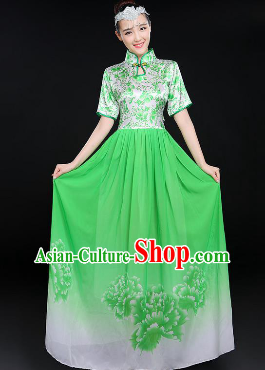 Traditional Chinese Modern Dancing Compere Costume, Women Opening Classic Chorus Singing Group Dance Uniforms, Modern Dance Classic Dance Big Swing Green Cheongsam Dress for Women