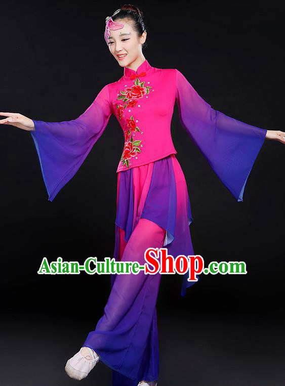 Traditional Chinese Yangge Fan Dancing Costume, Folk Dance Yangko Mandarin Sleeve Uniforms, Classic Umbrella Dance Elegant Dress Drum Dance Peony Purple Clothing for Women