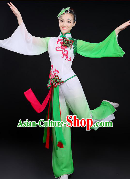 Traditional Chinese Yangge Fan Dancing Costume, Folk Dance Yangko Mandarin Sleeve Uniforms, Classic Umbrella Dance Elegant Dress Drum Dance Paillette Green Clothing for Women