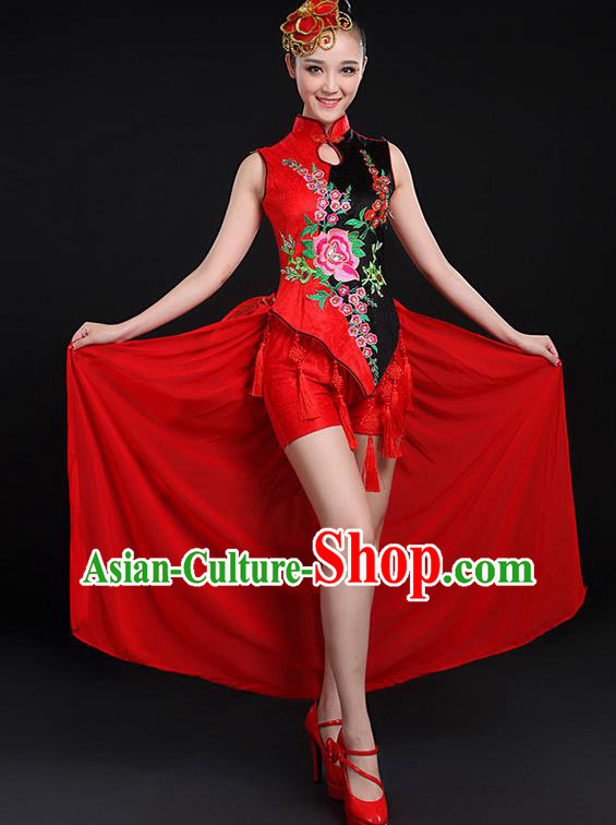 Traditional Chinese Yangge Fan Dancing Costume, Folk Dance Yangko Embroidered Uniforms, Classic Umbrella Dance Elegant Dress Drum Dance Cheongsam Red Clothing for Women