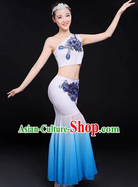 Traditional Chinese Dai Nationality Peacock Dancing Costume, Folk Dance Ethnic Paillette Flowers Fishtail Dress Uniform, Chinese Minority Nationality Dancing White Clothing for Women