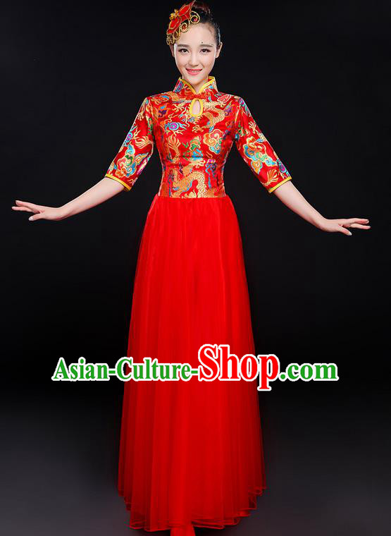 Traditional Chinese Modern Dancing Compere Costume, Women Opening Classic Chorus Singing Group Dance Bubble Uniforms, Modern Dance Classic Dance Big Swing Red Cheongsam Dress for Women