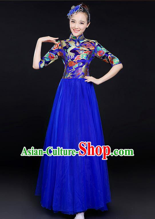 Traditional Chinese Modern Dancing Compere Costume, Women Opening Classic Chorus Singing Group Dance Bubble Uniforms, Modern Dance Classic Dance Big Swing Blue Cheongsam Dress for Women