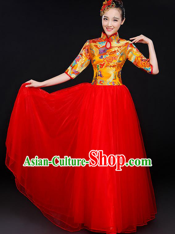 Traditional Chinese Modern Dancing Compere Costume, Women Opening Classic Chorus Singing Group Dance Bubble Uniforms, Modern Dance Classic Dance Big Swing Gold Cheongsam Dress for Women