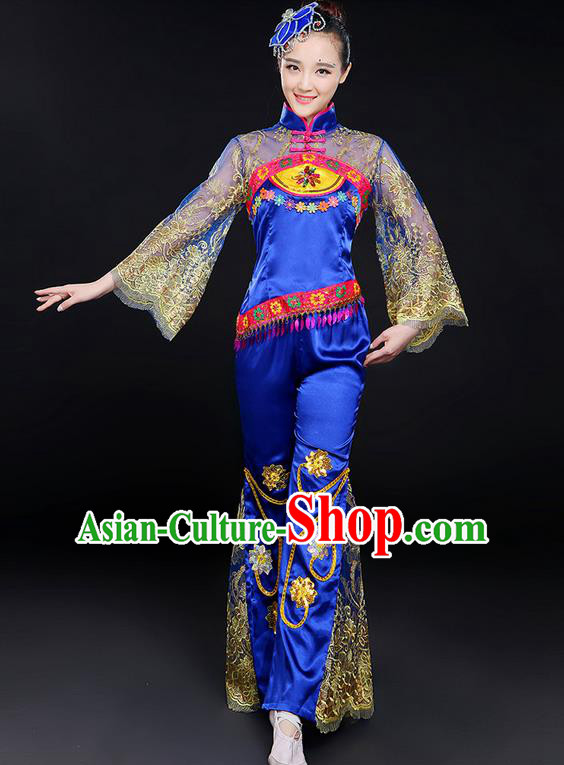 Traditional Chinese Yangge Fan Dancing Costume, Folk Dance Yangko Mandarin Sleeve Embroidered Uniforms, Classic Dance Elegant Dress Drum Dance Flowers Clothing for Women