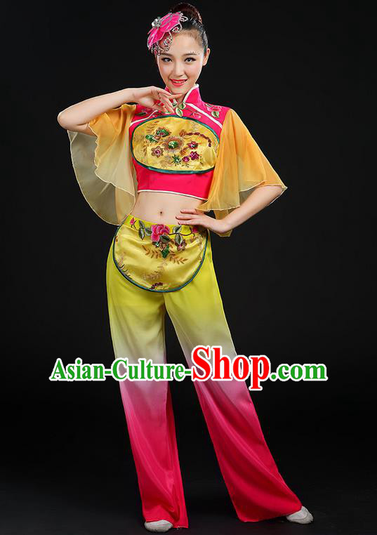 Traditional Chinese Yangge Fan Dancing Costume, Folk Dance Yangko Mandarin Sleeve Embroidered Uniforms, Classic Dance Elegant Dress Drum Dance Flowers Clothing for Women