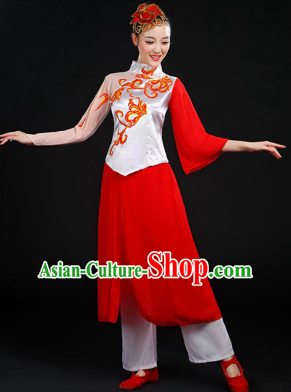 Traditional Chinese Yangge Fan Dancing Costume, Folk Dance Yangko Mandarin Sleeve Uniforms, Classic Dance Elegant Dress Drum Dance Red Clothing for Women