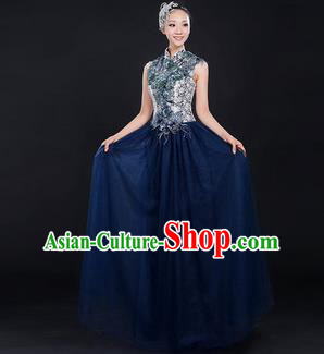 Traditional Chinese Modern Dancing Compere Costume, Women Opening Classic Chorus Singing Group Dance Bubble Uniforms, Modern Dance Classic Dance Big Swing Cheongsam Dress for Women