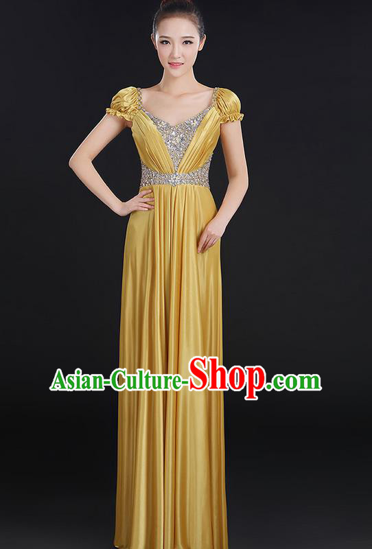 Traditional Chinese Modern Dancing Compere Costume, Women Opening Classic Chorus Singing Group Dance Crystal Dress Uniforms, Modern Dance Classic Dance Big Swing Gold Dress for Women