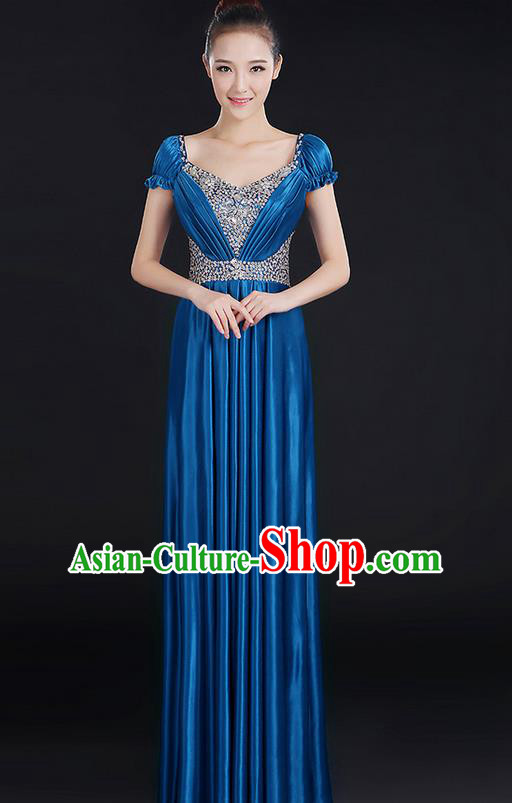 Traditional Chinese Modern Dancing Compere Costume, Women Opening Classic Chorus Singing Group Dance Crystal Dress Uniforms, Modern Dance Classic Dance Big Swing Royalblue Dress for Women