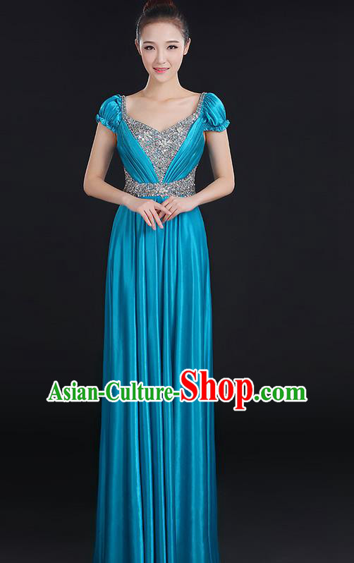 Traditional Chinese Modern Dancing Compere Costume, Women Opening Classic Chorus Singing Group Dance Crystal Dress Uniforms, Modern Dance Classic Dance Big Swing Blue Dress for Women