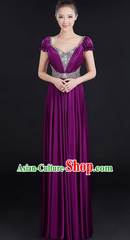 Traditional Chinese Modern Dancing Compere Costume, Women Opening Classic Chorus Singing Group Dance Crystal Dress Uniforms, Modern Dance Classic Dance Big Swing Purple Dress for Women