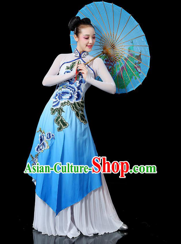 Traditional Chinese Yangge Fan Dancing Costume, Folk Dance Yangko Uniforms, Classic Umbrella Dance Elegant Peony Dress Drum Dance Clothing for Women