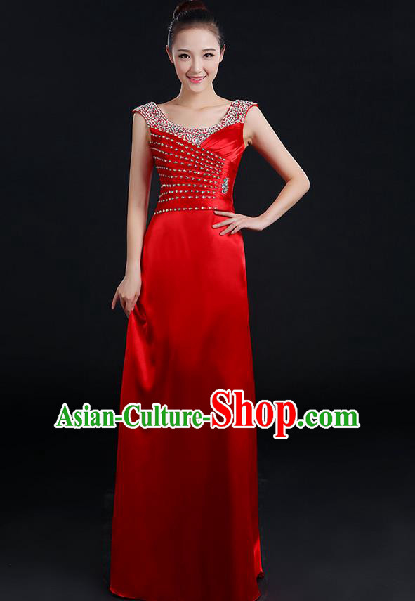 Traditional Chinese Modern Dancing Compere Costume, Women Opening Classic Chorus Singing Group Dance Crystal Dress Uniforms, Modern Dance Classic Dance Red Dress for Women