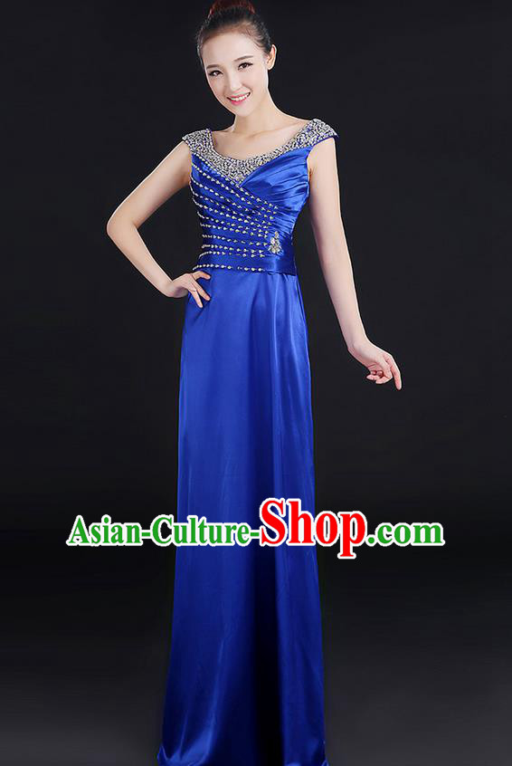 Traditional Chinese Modern Dancing Compere Costume, Women Opening Classic Chorus Singing Group Dance Crystal Dress Uniforms, Modern Dance Classic Dance Royalblue Dress for Women