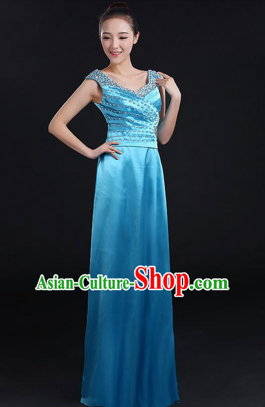 Traditional Chinese Modern Dancing Compere Costume, Women Opening Classic Chorus Singing Group Dance Crystal Dress Uniforms, Modern Dance Classic Dance Blue Dress for Women