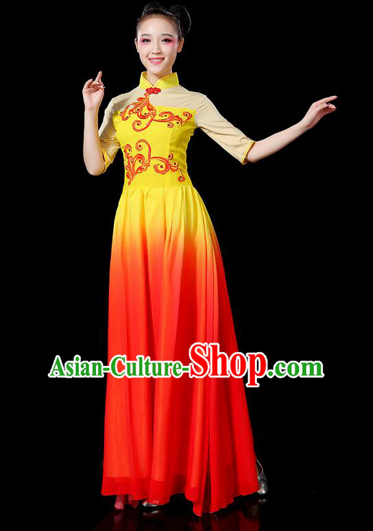 Traditional Chinese Yangge Fan Dancing Costume, Folk Dance Yangko Uniforms, Classic Umbrella Dance Elegant Mandarin Collar Dress Drum Dance Clothing for Women