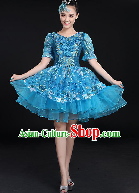 Traditional Chinese Modern Dancing Compere Costume, Women Opening Classic Chorus Singing Group Dance Paillette Uniforms, Modern Dance Bubble Short Blue Dress for Women