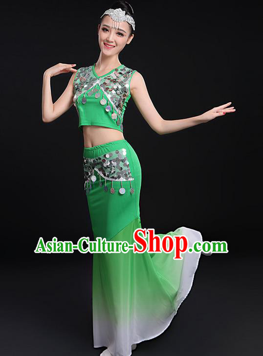 Traditional Chinese Dai Nationality Peacock Dancing Costume, Folk Dance Ethnic Paillette Fishtail Dress Uniform, Chinese Minority Nationality Dancing Green Clothing for Women