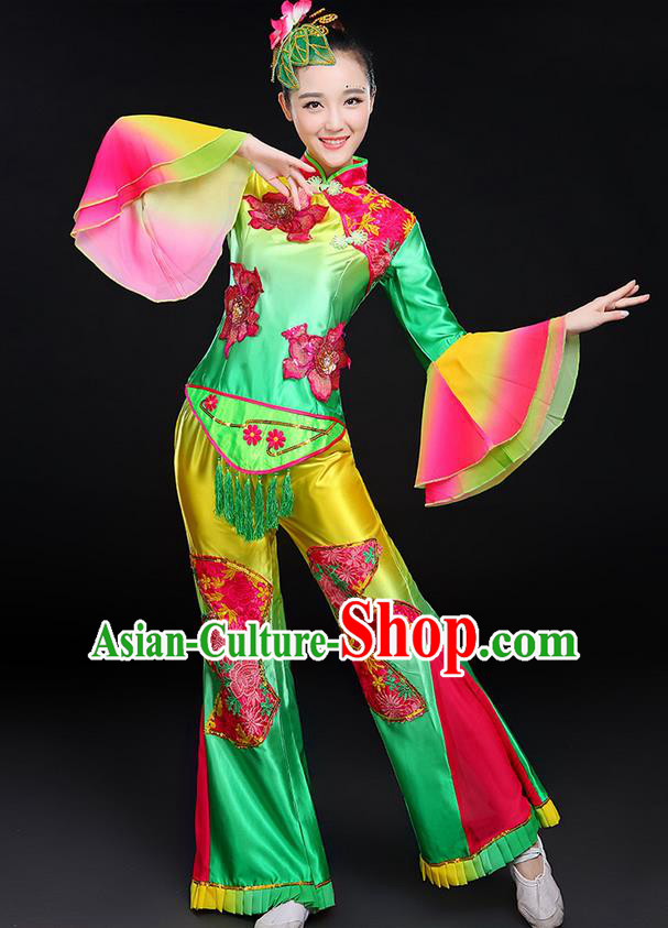 Traditional Chinese Yangge Fan Dancing Costume, Folk Dance Yangko Mandarin Sleeve Peony Uniforms, Classic Umbrella Dance Elegant Dress Drum Dance Clothing for Women