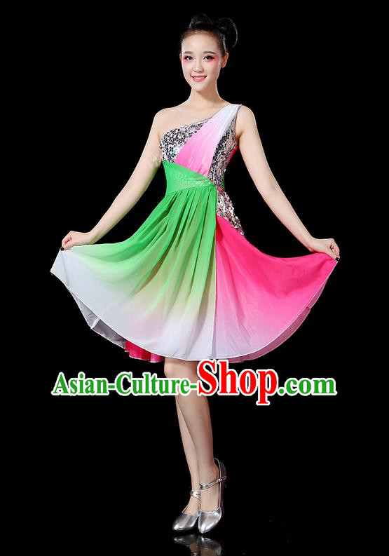 Traditional Chinese Yangge Fan Dancing Costume, Folk Dance Yangko Paillette Uniforms, Classic Umbrella Dance Elegant Short Dress Drum Dance Clothing for Women