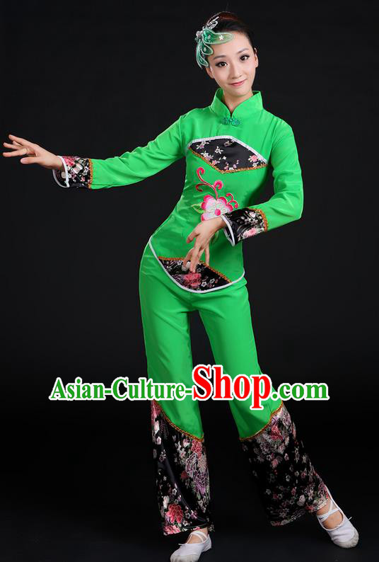 Traditional Chinese Yangge Fan Dancing Costume, Folk Dance Yangko Uniforms, Classic Umbrella Dance Elegant Dress Drum Dance Green Clothing for Women