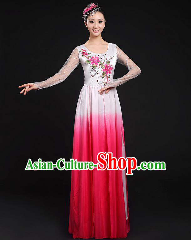 Traditional Chinese Modern Dancing Compere Costume, Women Opening Classic Chorus Singing Group Dance Dress Uniforms, Modern Dance Classic Dance Big Swing Pink Dress for Women