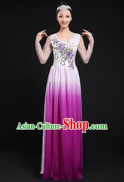 Traditional Chinese Modern Dancing Compere Costume, Women Opening Classic Chorus Singing Group Dance Dress Uniforms, Modern Dance Classic Dance Big Swing Purple Dress for Women