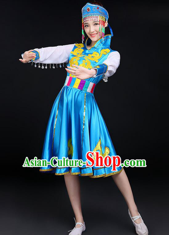 Traditional Chinese Mongol Nationality Dancing Costume, Mongols Female Folk Dance Ethnic Blue Skirt, Chinese Mongolian Minority Nationality Embroidery Costume for Women