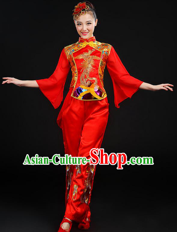 Traditional Chinese Yangge Fan Dancing Costume, Folk Dance Yangko Mandarin Sleeve Uniforms, Classic Umbrella Dance Elegant Dress Drum Dance Phoenix Clothing for Women