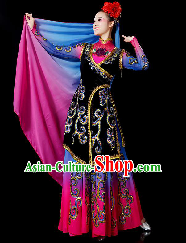 Traditional Chinese Uyghur Nationality Dancing Costume, Folk Dance Ethnic Embroidered Dress, Chinese Minority Nationality Uigurian Dance Costume for Women