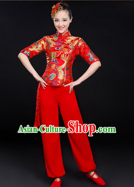 Traditional Chinese Yangge Fan Dancing Costume, Folk Dance Yangko Dragon Uniforms, Classic Umbrella Dance Elegant Dress Drum Dance Red Clothing for Women