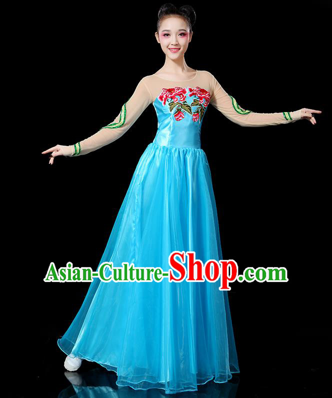 Traditional Chinese Yangge Fan Dancing Costume, Folk Dance Yangko Flowers Peony Uniforms, Classic Umbrella Dance Elegant Blue Dress Drum Dance Clothing for Women