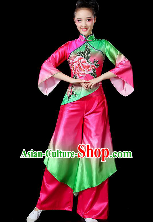 Traditional Chinese Yangge Fan Dancing Costume, Folk Dance Yangko Flowers Peony Uniforms, Classic Umbrella Dance Elegant Dress Drum Dance Clothing for Women