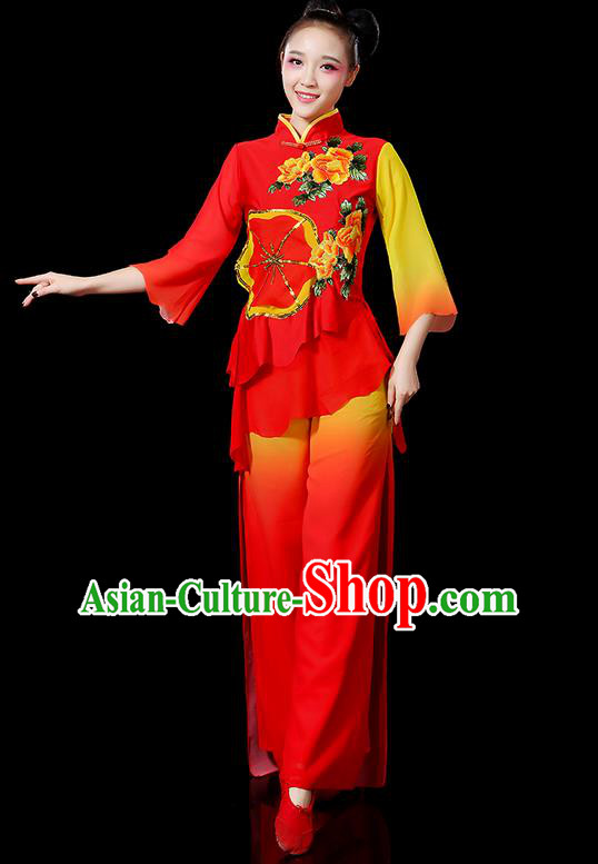 Traditional Chinese Yangge Fan Dancing Costume, Folk Dance Yangko Mandarin Sleeve Embroidered Peony Uniforms, Classic Umbrella Dance Elegant Dress Drum Dance Red Clothing for Women