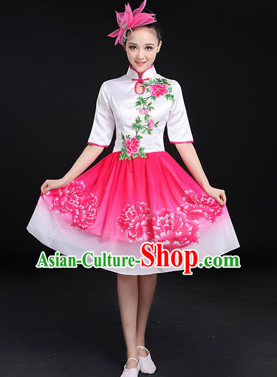 Traditional Chinese Modern Dancing Compere Costume, Women Opening Classic Chorus Singing Group Dance Bubble Peony Uniforms, Modern Dance Classic Dance Big Swing Cheongsam Pink Dress for Women