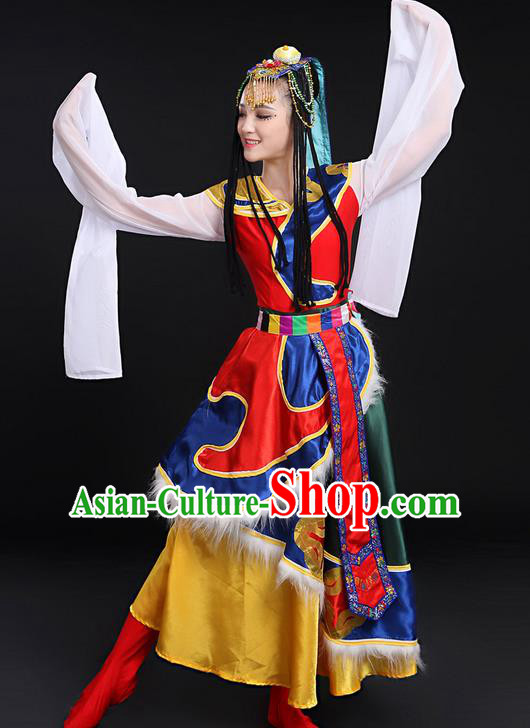 Traditional Chinese Mongol Nationality Dancing Costume, Mongols Female Folk Dance Ethnic Long Water-Sleeve Dress, Chinese Mongolian Minority Nationality Embroidery Costume for Women