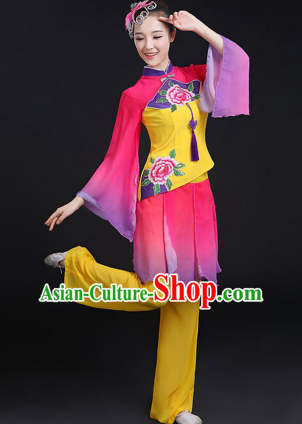 Traditional Chinese Yangge Fan Dancing Costume, Folk Dance Yangko Chinese Knot Tassel Uniforms, Classic Umbrella Dance Elegant Dress Drum Dance Peony Clothing for Women