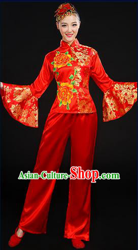 Traditional Chinese Yangge Fan Dancing Costume, Folk Dance Yangko Mandarin Sleeve Satin Peony Uniforms, Classic Umbrella Dance Elegant Dress Drum Dance Red Clothing for Women