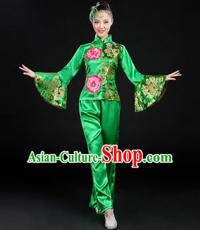 Traditional Chinese Yangge Fan Dancing Costume, Folk Dance Yangko Mandarin Sleeve Satin Peony Uniforms, Classic Umbrella Dance Elegant Dress Drum Dance Green Clothing for Women