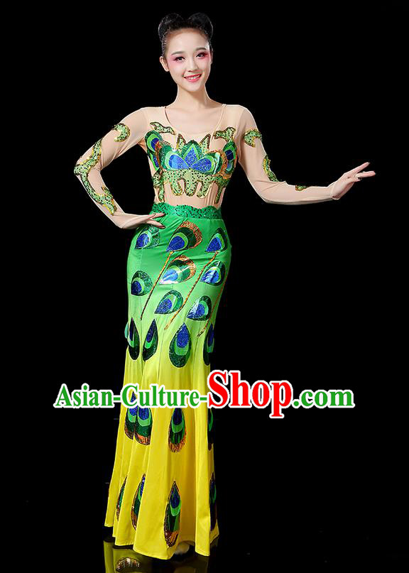 Traditional Chinese Dai Nationality Peacock Dancing Costume, Folk Dance Ethnic Paillette Fishtail Dress Uniform, Chinese Minority Nationality Dancing Green Clothing for Women