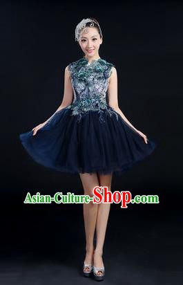 Traditional Chinese Modern Dancing Compere Costume, Women Opening Classic Chorus Singing Group Dance Paillette Uniforms, Modern Dance Bubble Short Deep Blue Dress for Women